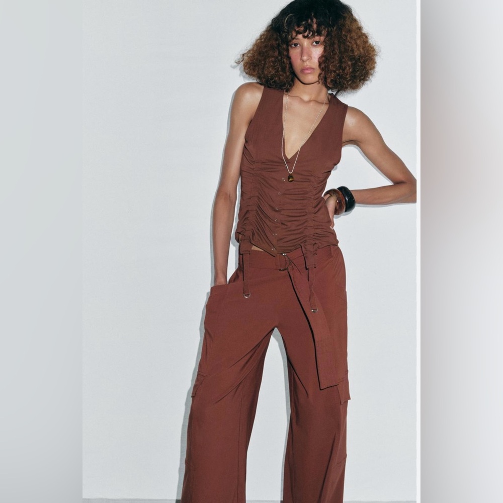 Zara Chocolate Sleeveless Ruched Blouse